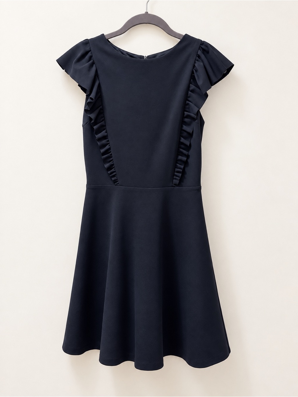 Aqua Navy Ruffle Sleeve Fit-and-Flare Dress